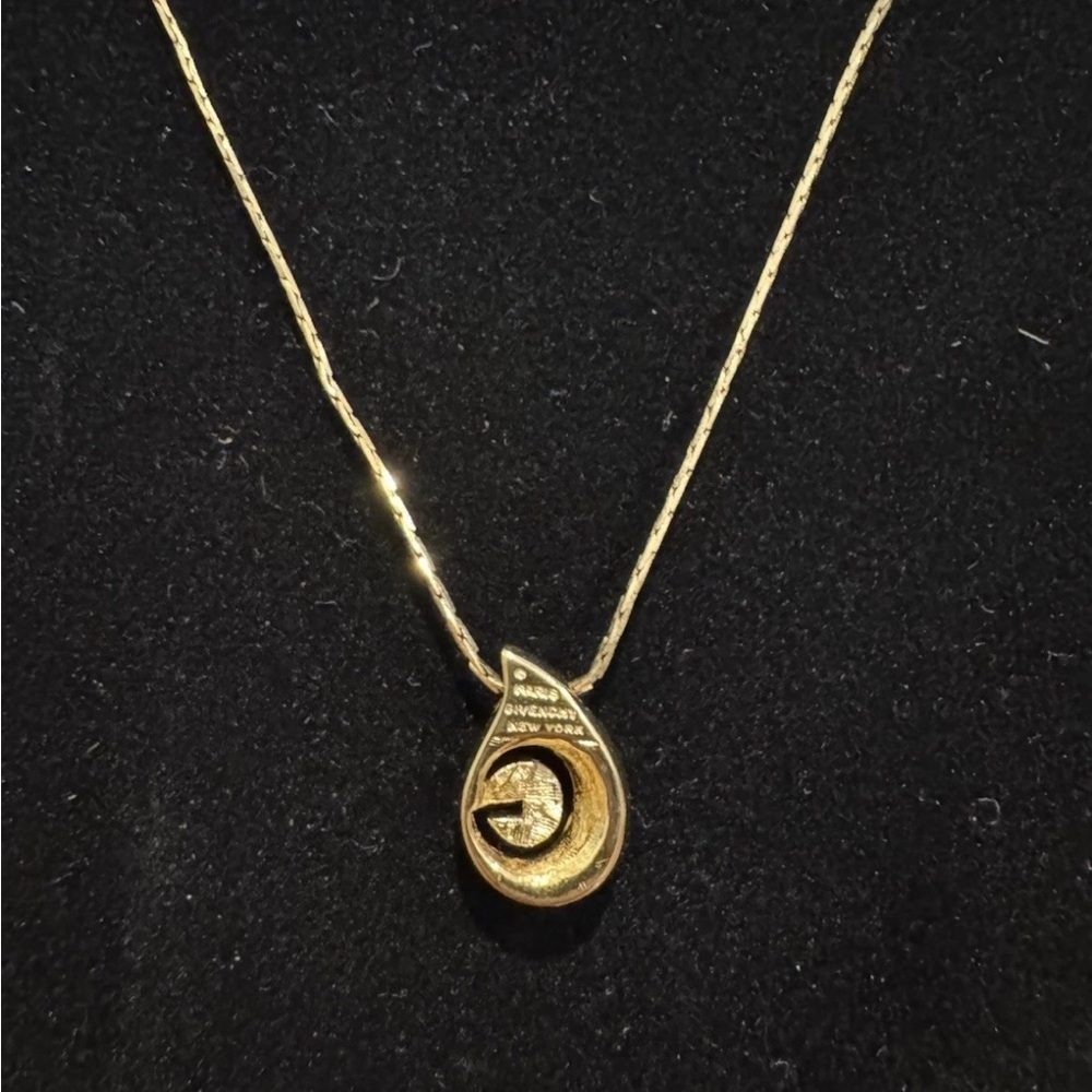 Givenchy Vintage Logo G Teardrop Crystal Pendant Necklace Gold Signed Authentic - Picture 5 of 5